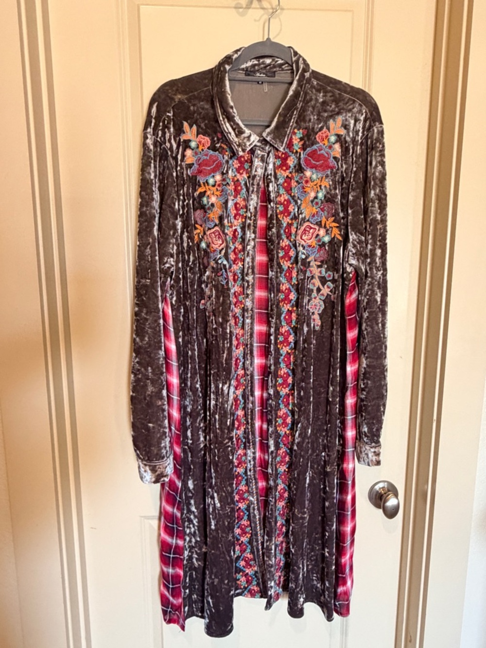 Embroidered Velvet & Plaid Mixed-Media Duster